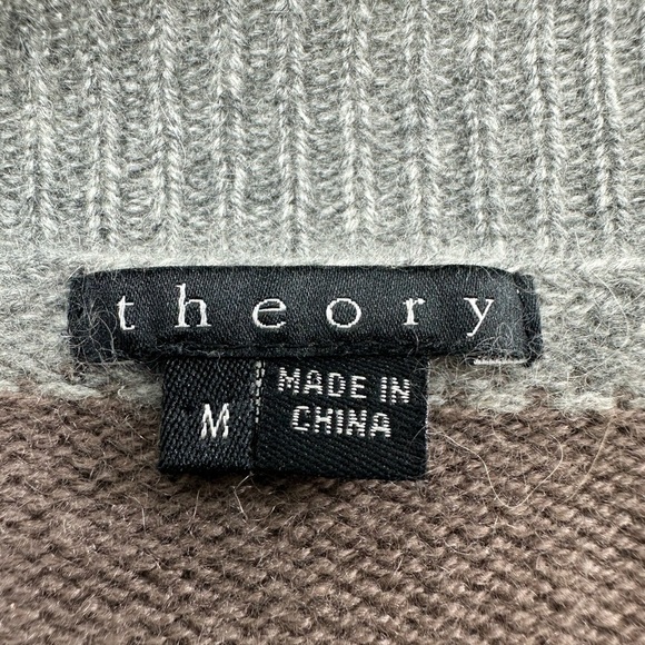 Theory 100% Cashmere Sweater MEDIUM Gray Brown Striped Deep V Neck Bohemian - Picture 3 of 6